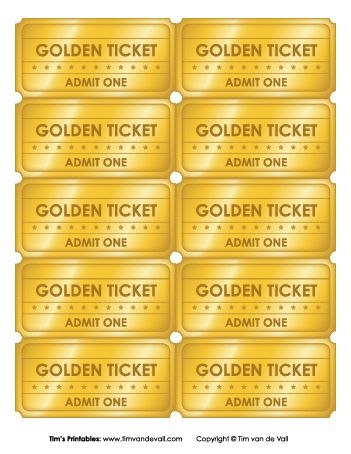 Golden Tickets - 10 Count - Tim's Printables Golden Ticket Template, Ticket Template Printable, Printable Tickets, Paper Dolls Diy, Paper Toys Template, Ticket Design, Fake Money, Seni Dan Kraf, Golden Ticket