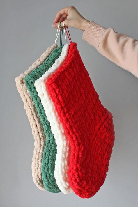 Chunky Knit Christmas, Knitted Stocking, Chunky Yarn Crochet, Christmas Crochet Blanket, Crochet Stocking, Crochet Christmas Stocking, Knit Christmas, Crochet Xmas, Crochet Design Pattern