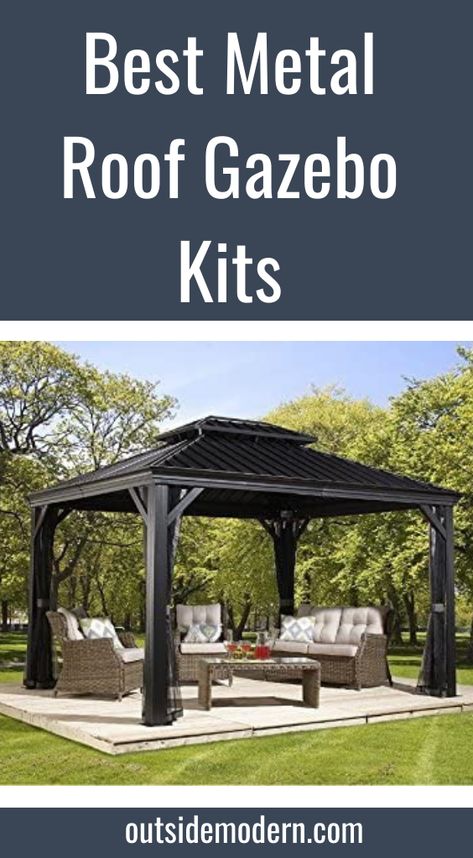 Metal Gazebo Ideas Backyard, Metal Gazebo Ideas Backyard Outdoor, Metal Gazebo Ideas, Sojag Gazebo, Deck With Gazebo Ideas, Metal Roof Gazebo, Metal Frame Gazebo, Gazebo Bar, Tile Patio