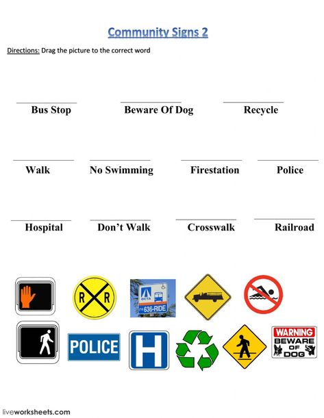 Community Signs interactive and downloadable worksheet. You can do the exercises online or download the worksheet as pdf. Safety Signs And Symbols, Signs And Symbols, Map Worksheets, Drivers Education, Community Safety, Matching Worksheets, Community Signs, Living Skills, Safety Signs