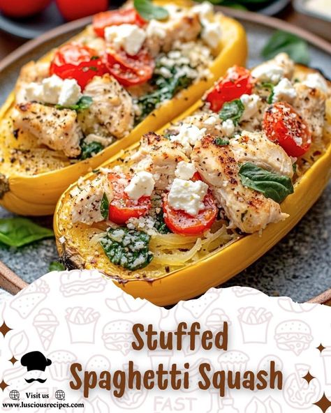 Savory Stuffed Spaghetti Squash with Chicken, Spinach & Feta - LusciousRecipes Spaghetti Squash With Chicken, Luscious Recipes, Stuffed Spaghetti Squash, Chicken Tomatoes, Feta Cheese Recipes, Stuffed Squash, Creamy Avocado Sauce, Spinach Feta, Chicken Spinach