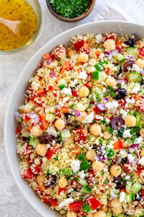 Chicken Couscous Salad Recipes, Couscous Tuna Salad, Greek Cous Cous Salad, Couscous Feta Salad, Couscous Salad Recipes Cold, High Protein Bean Salad, Cuscus Recipes, Couscous Chickpea Salad, Couscous Mediterranean