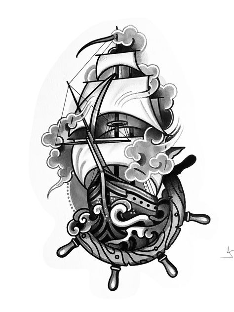 Tattoo Ship, Realistic Owl Tattoo, Pirate Ship Tattoos, Pirate Ship Tattoo, Memorial Tattoo Designs, Ancient Art Tattoo, Black Skull Tattoo, Traditional Tattoo Old School, Traditional Tattoo Flowers