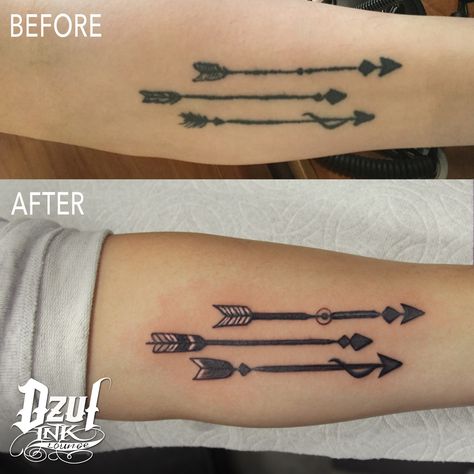 Arrow fix-up by Alex // Cover-ups and fix-ups are always possible, but it's always easier (and cheaper) to get the tattoo you want in the first place! If you need a cover-up or fix-up come in for a free consultation or email a picture of your existing tattoo to info@dzul.com. #tattoo #tattoocoverup #coveruptattoo #fixuptattoo #fixuplooksharp #arrowtattoo #arrow #dzul #seattleite #seattletattooshop #tattoostudio #emeraldcity #seattle Arrow Tattoo Cover Up, An Arrow Tattoo, Infinity Arrow Tattoo, Tattoo Cover Ups, P Tattoo, Tattoo Cover Up, Arrow Tattoo, Tattoo Cover, An Arrow