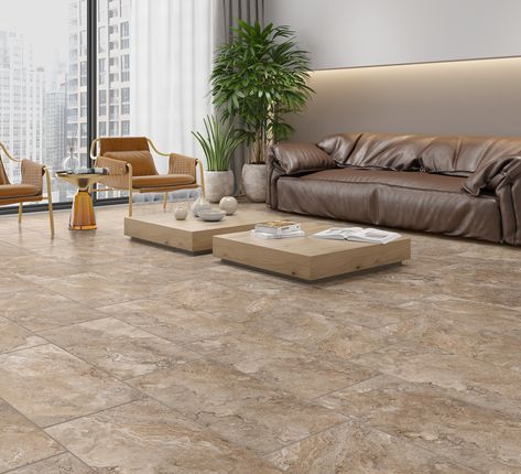 Liven up any room with the Hughcreek Beige Ceramic Tile. This 15 x 30 tile features a matte finish. Durable stone-look tile is an affordable alternative to natural stone, and it looks great throughout the house. Plus, you can get the authentic look of stone with an easy-to-maintain surface, as stone-look tile is waterproof and doesn’t require sealing. This tile was made in Brazil. Known for culture and craftsmanship, tiles made in Brazil are durable and beautiful. | Castille | Hughcreek Beige Ce Beige Tile Floor Living Room, Room Tiles Floor, Tiles Living Room, Tile Floor Living Room, Emser Tile, Polished Porcelain Tiles, Beige Ceramic, Classic Tile, Matte Ceramic