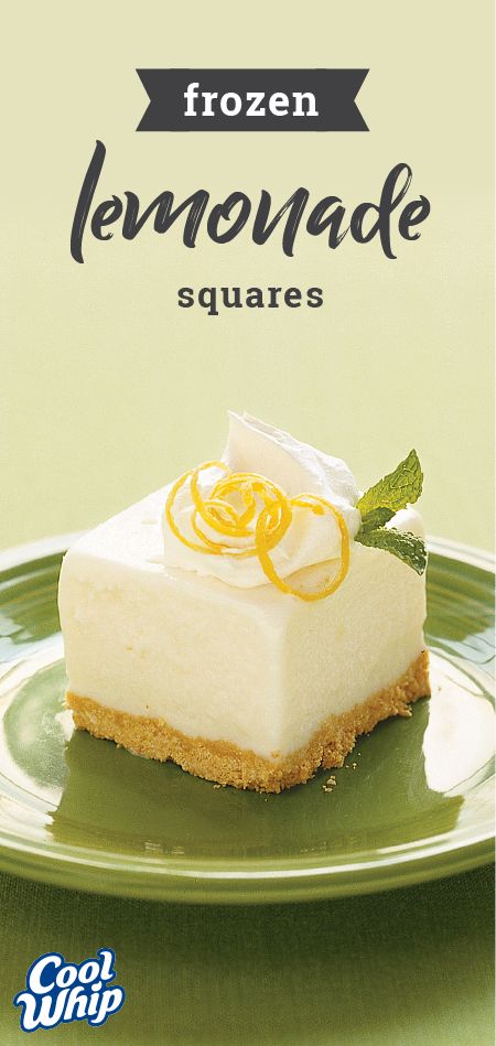 Frozen Lemonade Squares – Lemonade concentrate blended with frozen yogurt tops a graham cracker crumb crust in this frosty, refreshing no-bake dessert featuring COOL WHIP. This recipe is perfect for your summer party. Lemon Squares Recipe, Crumb Crust, Weight Watcher Desserts, Lemonade Concentrate, Frozen Lemonade, Low Carb Dessert, Bake Dessert, Lemon Desserts, Lemon Recipes