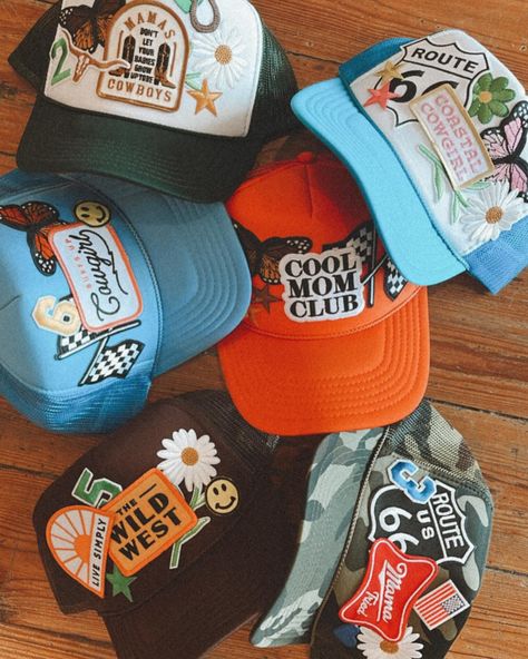 Our truckers are here & the cutest 🙌🏼 so many different colors & fun patches! Patchwork Trucker Hat, Trucker Hat With Patches Ideas, Patch Hats Diy, Patch Trucker Hat Ideas, Patch Hat Ideas, Trucker Hat With Patches, Trucker Hat Patches, Patch Trucker Hat, Patches On Hats