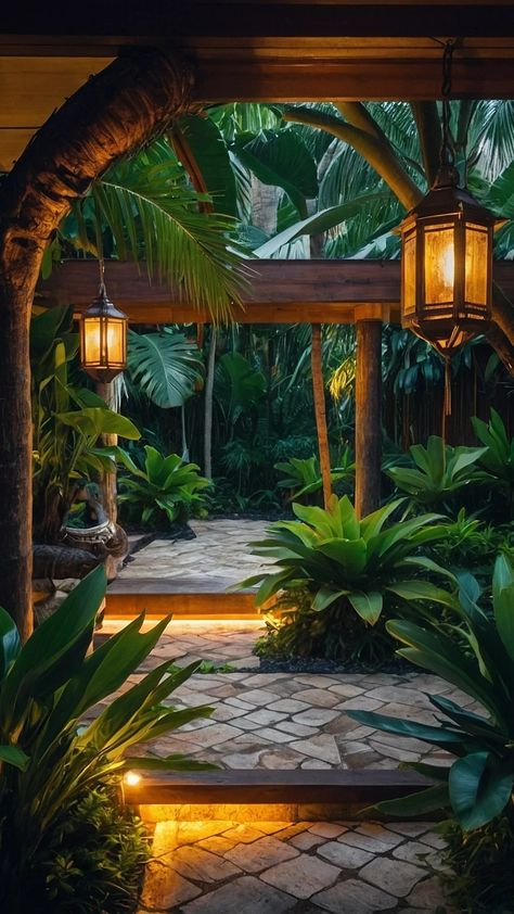 Tropical Front Yard Landscaping, Desert Elements, Tropical Landscaping Ideas, Lush Backyard, Tropical Backyard Landscaping, Balinese Garden, Brick Pathway, Courtyard Gardens, Quiet Space