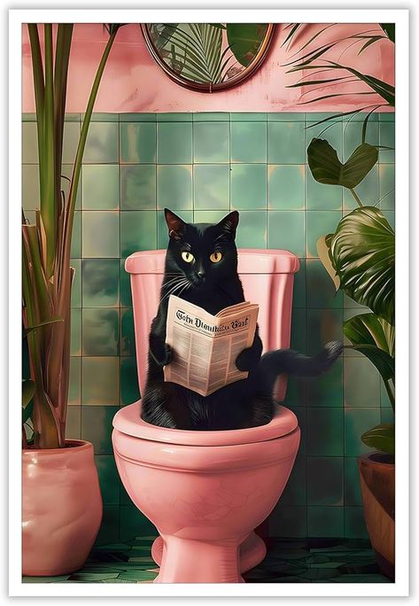 Amazon.com: horakey Funny Black Cat Using Toilet Posters Cute Cat Reading Newspaper Bathroom Art Botanical Animal Pink Toilet Painting For Living Room Bedroom Toilet Wall Decor 12x16in Unframed: Posters & Prints Arts And Crafts Home Decor, Pink Toilet, Toilet Art, Bathroom Posters, Gemstone Art, Cutest Animals, Cat Wall Art, Botanical Painting, Cat Posters