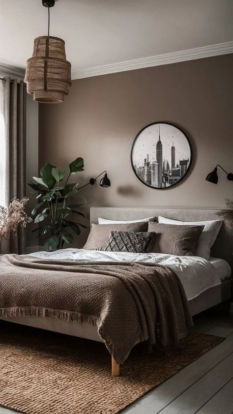 Urban Taupe, Taupe Bedroom Ideas, Dark Brown Bedrooms, Male Bedroom Ideas, Taupe Bedroom, Taupe Walls, Neutral Bedroom Decor, Brown Rooms, Bedroom Wall Colors