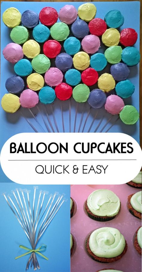 Balloon Cupcakes How-to | www.80cakes.com Birthday Kids Ideas, Game Party Ideas, Cupcake Displays, Party Tricks, Balloon Cupcakes, Balloon Theme, Up Movie, Pull Apart Cupcakes, Circus Birthday Party