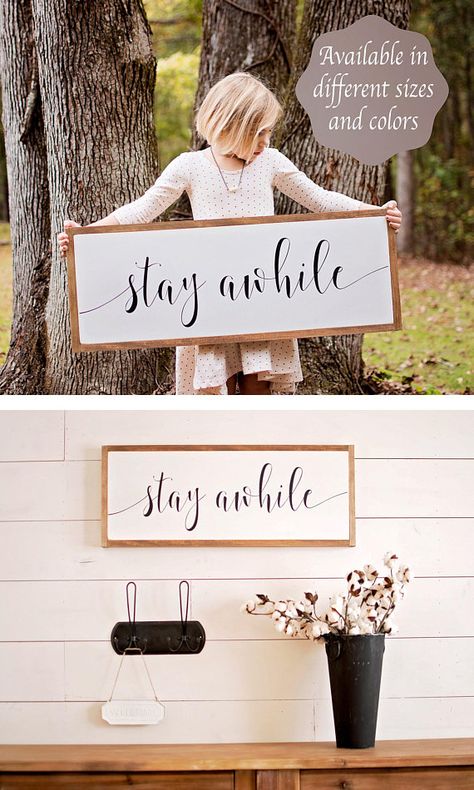 Large Wood Signs, Picket Projects, Living Room Signs, Farmhouse Wall Decor Living Room, Stay Awhile Sign, Valspar Paint, Entryway Signs, Minwax Stain, Entryway Wall Decor