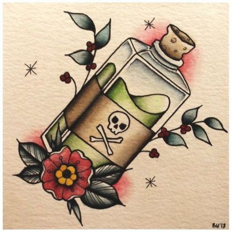 Poison Bottle Tattoo, Poison Tattoo, Small Traditional Tattoo, Blitz Design, Traditional Tattoo Old School, 16 Tattoo, Poison Bottle, Traditional Style Tattoo, Bottle Tattoo