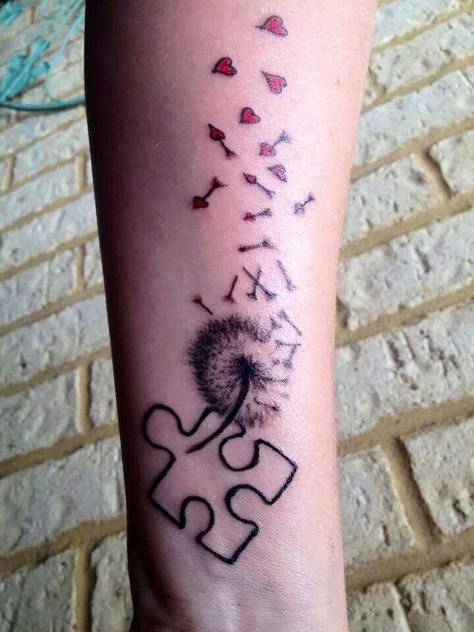 Dandelion, puzzle piece Coming Out Tattoo, Filler Tattoo, Small Girl Tattoos, Small Girl, Memorial Tattoo, Sunflower Tattoo, Puzzle Piece, Peony Flower, Love Tattoos