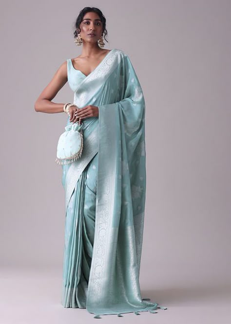 Bridesmaid Saree Look, Light Blue Silk Saree, Kalki Saree, Blue Bridal Saree, Light Blue Saree, Sky Blue Saree, Purple Lehenga, Dola Silk Saree, Blue Silk Saree