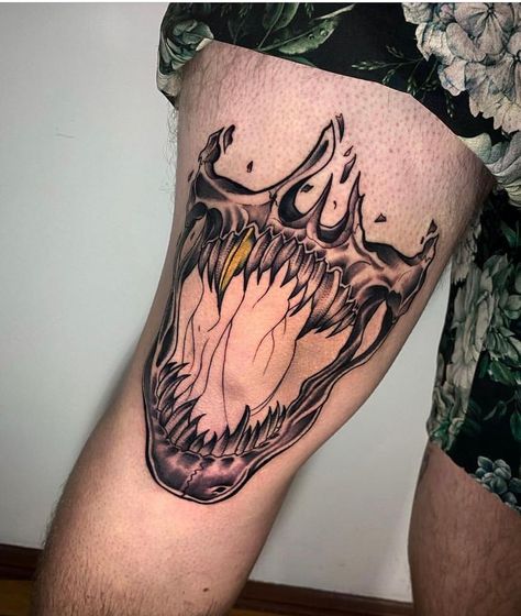 Knee Mouth Tattoo, Skull Mouth Knee Tattoo, Entire Leg Tattoo, Knee Jaw Tattoo, Horror Knee Tattoo, Skull Tattoo On Knee, Knee Tattoo Men Design, Teeth Knee Tattoo, Mullet Tattoo