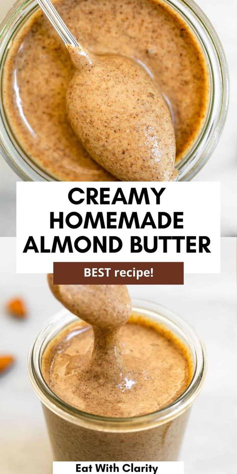 This is the best creamy homemade almond butter recipe. This almond butter is nut free, oil free and vegan. made with just one key ingredient, this almond butter is perfect on toast, in smoothies, oatmeal or with apple slices. It's healthy and easy to make.