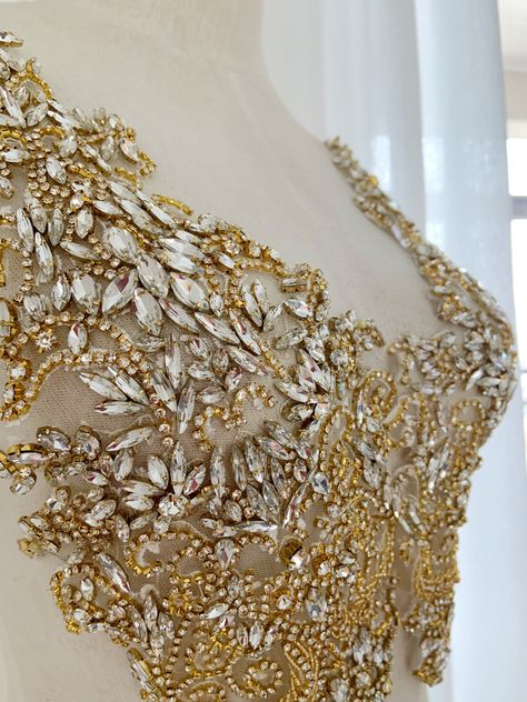 Bead Applique, Bodice Applique, Bridal Applique, Rhinestone Appliques, Crystal Crafts, Rhinestone Dress, Beaded Applique, Applique Dress, Gold Rhinestone