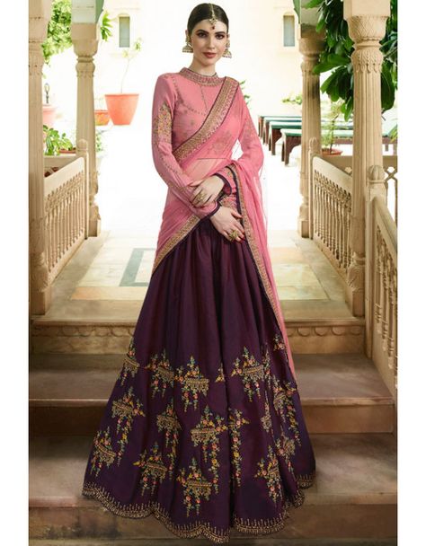 Wine Colour Lehenga, Lehenga Color Combos, Silk Lengha, Orang India, Indian Bridesmaid Dresses, Indian Wedding Lehenga, Wine Colour, Navratri Dress, Raw Silk Lehenga