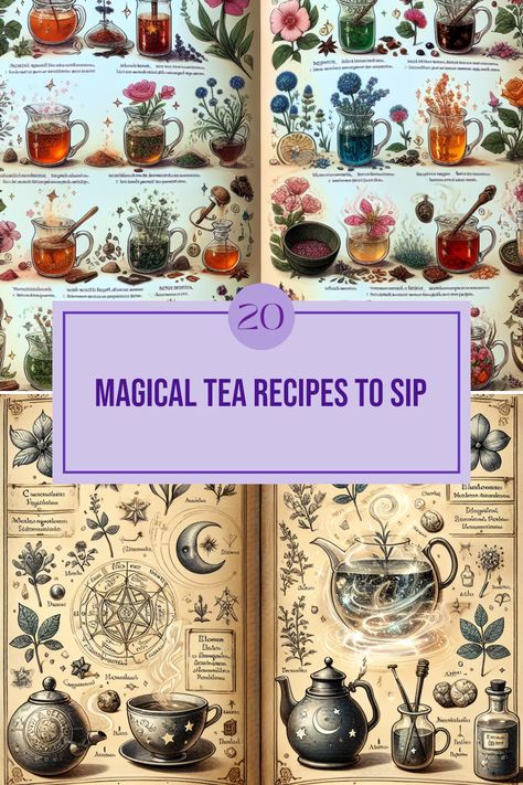 Are you ready to brew some enchantment right in your kitchen? Discover 20 magical tea recipes that blend flavor with a sprinkle of mystique. Each recipe is a journey into flavor, harnessing the power of natural ingredients. Learn how to create calming teas for relaxation, energizing brews to start your day, and herbal mixtures designed to celebrate the changing seasons. Perfect for soulmate connections or solo limitless moments of peace, these recipes are aplenty. Grab your favorite mug and let’s create an inspiring brew that'll put you in a cozy frame of mind! Herbal Tea Magic, Witchy Tea Recipes, Witch Cooking Recipes, Tea Mix Recipes, Herbal Tea Blends Recipes, Diy Tea Blends, Tea Shop Aesthetic, Calming Teas, Herbal Mixtures