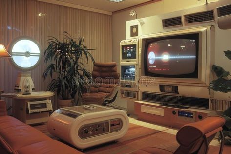 Retro Futuristic Lounge stock photography 90s Apartment Interior, Retro Futuristic Apartment, Casette Futurism Aesthetic, Retro Futurism Living Room, Retro Futuristic Interior Design, Sci Fi Decor, Retro Futurism Decor, Retro Product Design, Retro Futurism Room