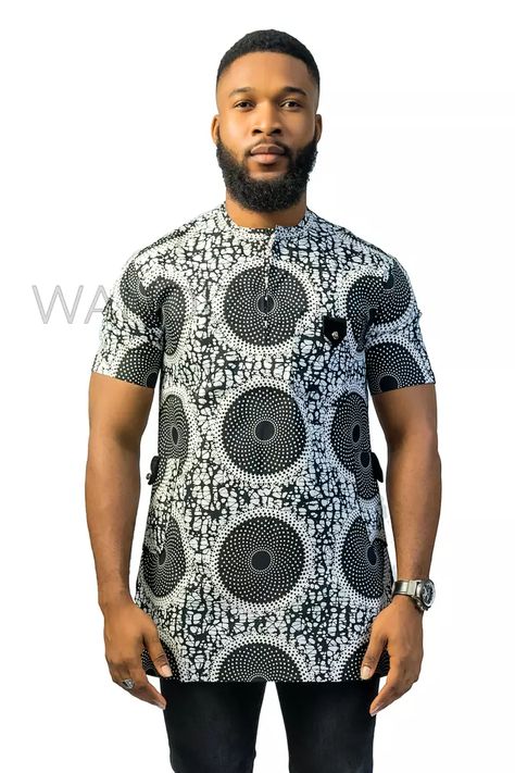 Black and White Ankara Shirt, African Men Clothing, African Mens Wear, - Afrikrea Ankara Designs For Men, African Men Fashion Shirts, African Print Shirts For Men, Ankara Shirts For Men, Environment Model, Men African Wear, Ankara Shirt, Men Dresses, Latest African Wear For Men