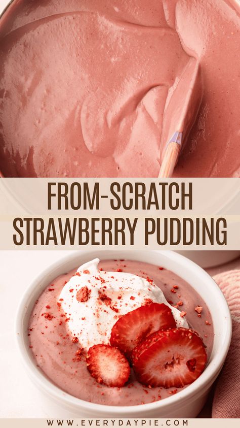 Real actual fresh strawberries, turned into creamy delicious pudding! Homemade Strawberry Pudding is perfect for a fuss-free dessert when you need to use up all your ripe strawberries, quick! Homemade Strawberry Pudding, Homemade Pudding Recipes, Cooked Strawberry Recipes, Strawberry Pudding Recipe, Banana Pudding With Strawberries, What To Make With Fresh Strawberries, Quick Strawberry Desserts, Strawberry Pudding Dessert, Strawberry Banana Pudding Recipe