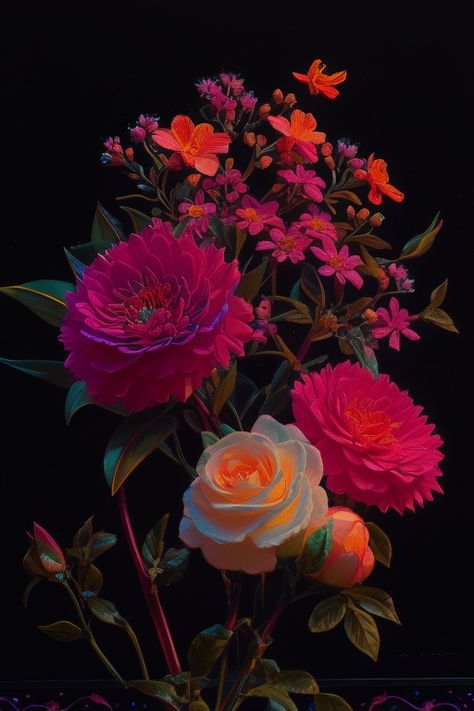 Moody Neon Aesthetic, Neon Flowers Painting, Neon Flowers Aesthetic, Vibrant Color Aesthetic, Fluorescent Flowers, Dark Floral Aesthetic, Deep Purple Flowers, Neon Violet, Black Painted Walls