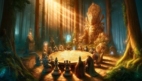 #CreativeChess Enchanted Council Magic Council, Queen Knight, Chess Strategies, Magical Light, Ancient Stone, Stone Table, Mystical Creatures, Chess Pieces, Enchanted Forest