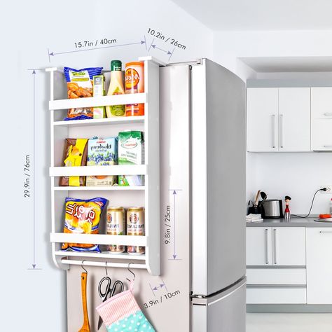 Fridge Side Storage, Side Of Fridge, Kitchen Narrow, Pantry Rack, Black Fridges, Side Shelf, Outdoor Toilet, Fridge Shelves, Cabinet Plans