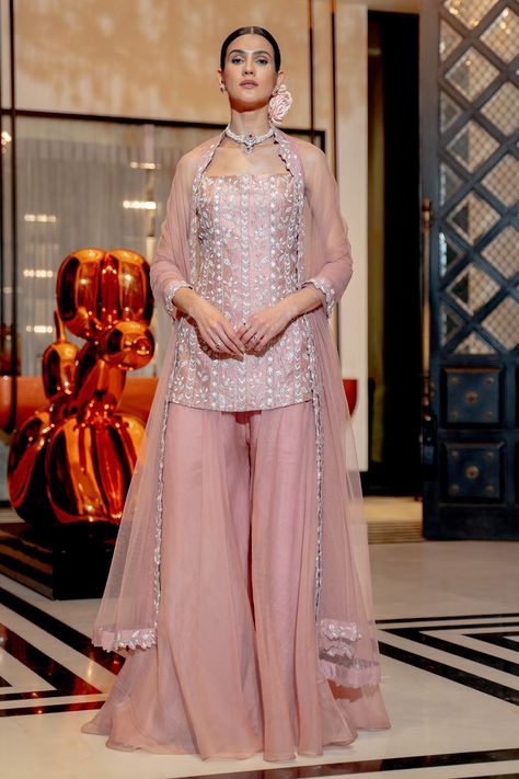 Buy Varun Chakkilam Pink Silk Organza Embroidered Kurta Palazzo Set Online | Aza Fashions Organza Palazzo, Varun Chakkilam, Onion Pink, Kurta Palazzo Set, Salwar Dress, Palazzo Pant, Palazzo Set, Fancy Dress Design, Dress Indian Style