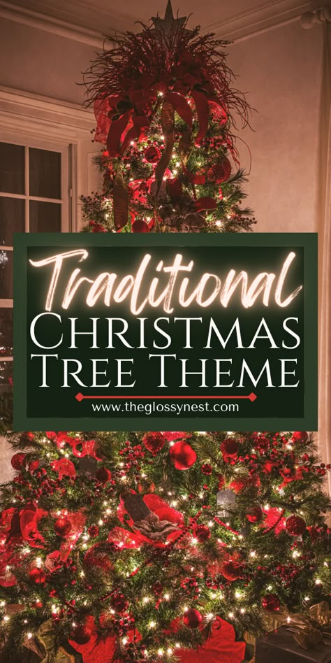 classic christmas tree at night with red ornaments, ribbon, garland, topper Christmas Tree Themes Traditional, Red Ornament Garland On Tree, Christmas Tree Red And Green Ideas, Traditional Christmas Trees Decorated, Red Garland Christmas Tree, Christmas Trees With Red Ribbon, Green And Red Christmas Tree Ideas, Santa Clause Decorations Ideas, Red And Green Christmas Tree Decor