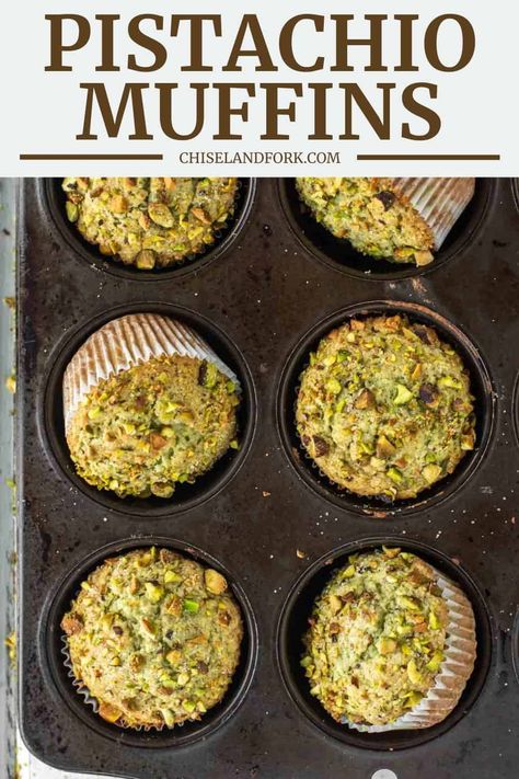 These fluffy, moist pistachio muffins, with a sweet nutty flavor and sugared tops are quick and easy to make. #pistachiomuffins #muffins #homemademuffins | chiselandfork.com Gluten Free Apple Muffins, Blackberry Oatmeal, Pistachio Muffins, Mini Chocolate Chip Muffins, Muffin Flavors, Vanilla Muffins, Pudding Flavors, Cranberry Orange Muffins, Pistachio Pudding