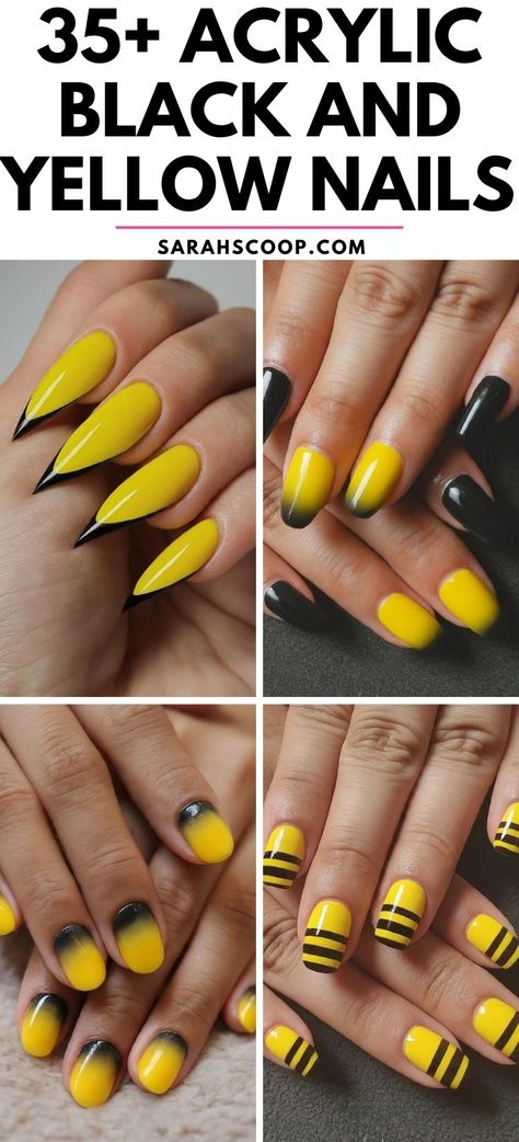 Unleash your creativity with these 35 stunning acrylic nail designs in a classic black and yellow color scheme. Whether you're going for a bold bumblebee design or a soft and subtle abstract pattern, these looks will be sure to turn heads. #AcrylicNails #NailArt #BlackAndYellowNails Black Nails With Yellow Tips, Steelers Nails Designs Yellow Black, Mizzou Nails Black Gold, Black And Yellow Short Nails, Steeler Nails Designs, Yellow Black Nails Design, Pittsburgh Steelers Nail Designs, Steelers Nails Designs, Black And Yellow Nails Design