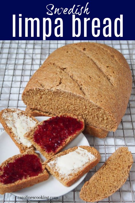 Swedish limpa bread is a wonderfully soft part rye loaf with a touch of spice and molasses. Easy to make & delicious with simple toppings like butter, jam or cheese. Molasses Rye Bread, Limpa Bread Swedish, Swedish Rye Bread Recipe, Recipe Using Sourdough Starter, Rye Bread Recipes, Touch Of Spice, Tasty Bread Recipe, Breakfast Bread Recipes, Bake Goods