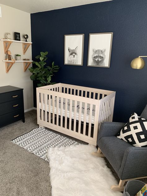 Navy And Wood Nursery, Dark Blue Accent Wall Nursery, Boy Nursery Blue Accent Wall, Baby Boy Nursery Blue And Gray, Dark Blue Nursery Boy, Navy Blue Accent Wall Nursery, Navy Blue Nursery Ideas, Nursery Ideas Navy, Baby Boy Nautical Nursery