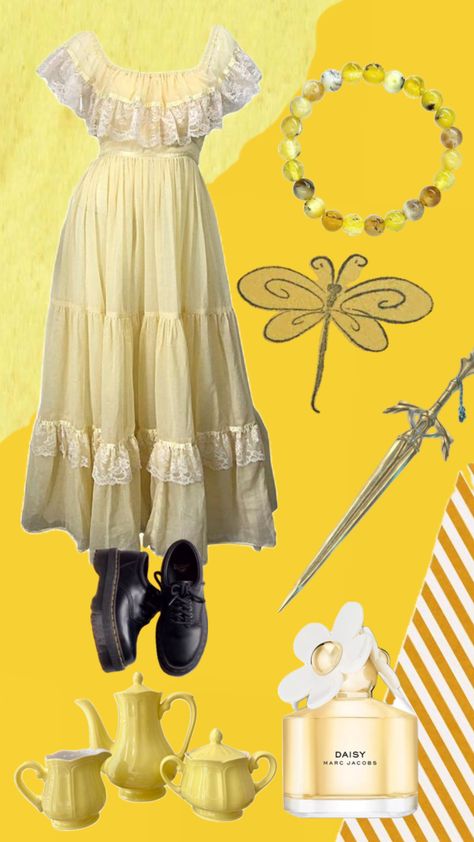 yellow inspired outfit #yellow #aesthetic #cottagecore Honeycore Outfits Aesthetic, Honey Core Outfits, Yellow Fairy Outfit, Sun Outfit Aesthetic, Yellow Academia Aesthetic, Sun Themed Outfits, Honeycore Outfits, Yellow Clothes Aesthetic, Honeycore Aesthetic Outfits