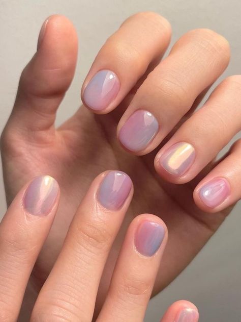 Trendy Korean Nails 2023, Korean Nail 2023, Pastel Iridescent Nails, Korean Nail Art 2023, Nail Korean Style Summer, Summer Korean Nails, Opal French Tip Nails, Nail Korean Style Cute, Dip Nail Inspiration