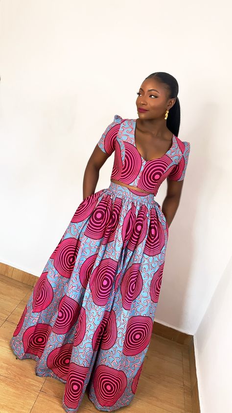 Ankara Crop Top And Skirt, Ankara Flare Skirt, Modern African Print Dresses, Pink Ankara, Two Piece Outfits Skirt, Maxi Skirt And Top, Ankara Maxi Skirt, African Maxi Skirt, Long Skirt And Top