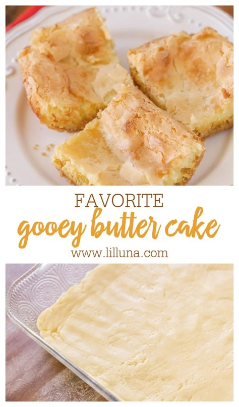 Gooey butter cake is a simple and amazingly delicious dessert with a cake batter crust and soft, gooey cream cheese top that makes it addicting! #gooeybuttercake #butter #cake #desserts #treats Butter Cake Gooey, Ooey Gooey Butter Cake Recipe, Gooey Butter Cake Recipe, Chess Bars, Ooey Gooey Cake, Ooey Gooey Butter Cake, Cake Batter Cookies, Gooey Cake, Gooey Butter