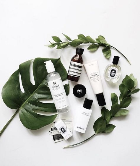 all white surface for flatlay featuring large green leaves, foliage, and skin care line with various products. Clean look Flat Lay Inspiration, Cosmetics Photography, Beauty Products Photography, Foto Tips, Flat Lay Photography, Foto Poses, Trik Fotografi, Daily Skin Care, Skin Care Products