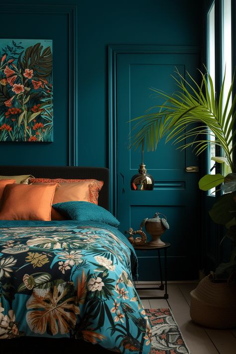 Bold and Beautiful: 30 Dark Jewel Tone Color Palette Design Ideas Jewel Tone Beach House, Dark Teal Room, Teal Color Palette Bedroom, Dark Teal Aesthetic, Dark Teal Bedroom, Parent Room, Classy Bedroom Decor, Teal Rooms, Bedroom Decor Dark