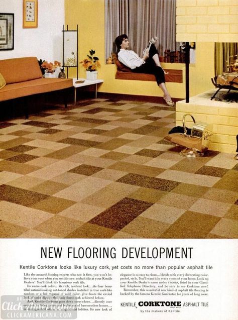 LIFE Apr 4, 1955 asphalt tile flooring kentile 50s Interior, Vct Tile, Flooring Texture, 60s Design, House Pictures, Modern Flooring, Mid Century Living, Mid Century Living Room, Cork Flooring