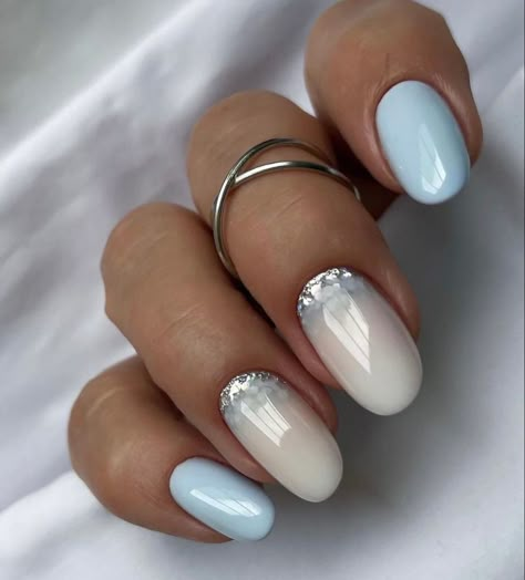 Milky And Blue Nails, Milky White And Blue Nails, Milky Blue Nails, Blue Wedding Nails, Milky Nails, Short Gel Nails, White Polish, Beautiful Nail Designs, Nail Art Galleries