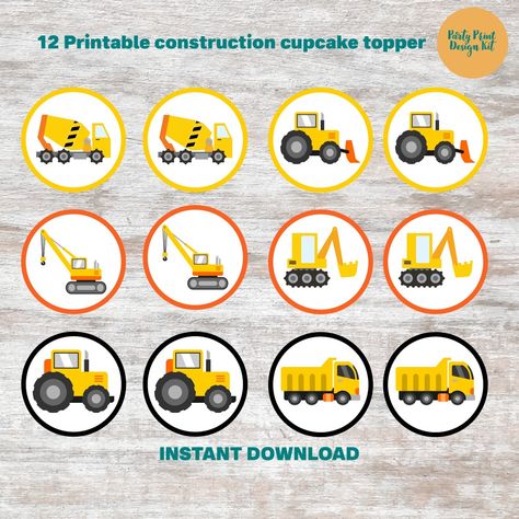 Cupcake Construction Theme, Construction Cake Toppers Free Printable, Construction Theme Cake Topper Printable, Vehicle Cupcakes, Construction Vehicle Cupcakes, Topper Mobil Kontruksi, Excavator Birthday, Cupcake Decoration, Construction Vehicle