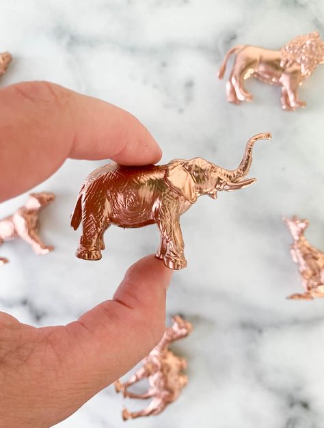 Rose gold mini safari animals perfect as party favors! Safari Wedding Theme, Adult Safari Party, Birthday Themes For Adults, Gold Birthday Party Decorations, Drink Stirrer, Safari Wedding, Animal Print Party, Jungle Theme Birthday, Drink Marker