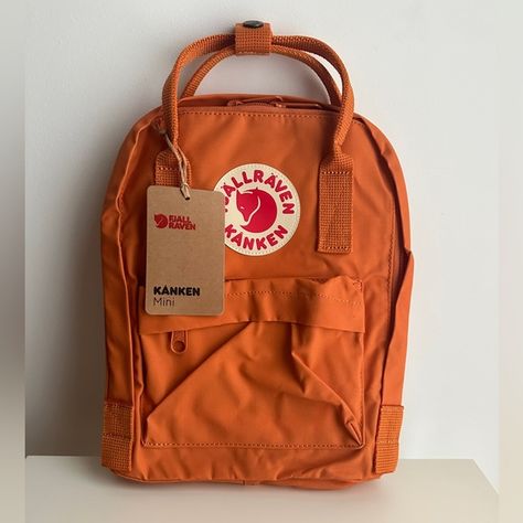 NWT FREE SHIPPING Authentic Fjallraven Kanken Mini • Spicy Orange Kanken Backpack Orange, Fjallraven Kanken Orange, Kanken Mini Aesthetic, Kanken Colors, Fjallraven Kanken Backpack Mini, Kanken Backpack Mini, Fjallraven Kanken Mini, Charger Phone, School Prep