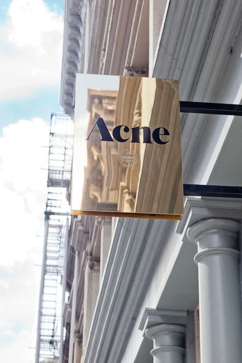 pinterest: alisonennik Acne Store, Blade Sign, Design Studio Office, Store Signage, Retail Signage, Shop Signage, Exterior Signage, Wayfinding Signage, Environmental Design