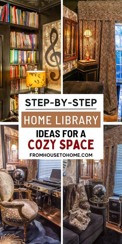 Step by step home office library ideas for a cozy space. Small Home Office Library, Reading Room Ideas Cozy, Home Office Library Ideas, Gold Decor Ideas, Floor To Ceiling Bookshelves, Faux Tin Ceiling, Faux Tin Ceiling Tiles, Cozy Library, Sewing Room Storage