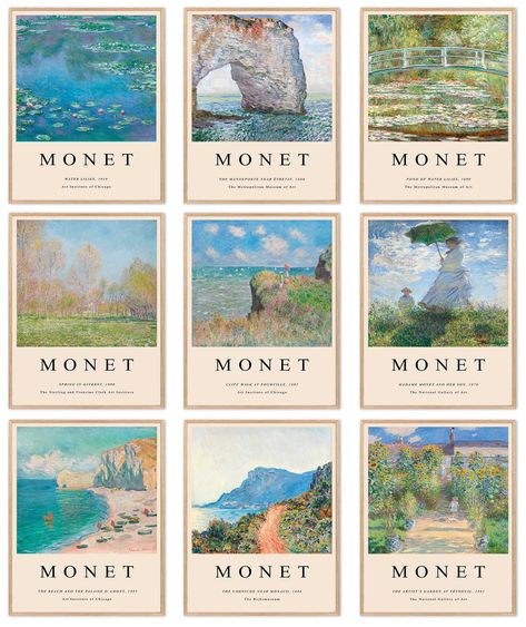 PRICES MAY VARY. High-Quality Canvas Claude Monet Wall Art Prints：Each Monet Posters & Prints is made of ultra quality waterproof canvas and fade-resistant inks to make sure it lasts. The elegant Monet paintings are the perfect minimalist wall room decor for your bedroom, gallery, living room, office, dormitory, hallway etc. Perfect Aesthetic Room Decor Idea：The size of these aesthetic bedroom posters set are 8x10inchx9pcs. Hang it on your wall as an accent piece, display it with other aesthetic Aesthetic Posters For Room, Posters For Room Decor, Art Posters Aesthetic, Monet Wall Art, Room Decor Retro, Famous Artists Paintings, Claude Monet Paintings, Claude Monet Art, Monet Art